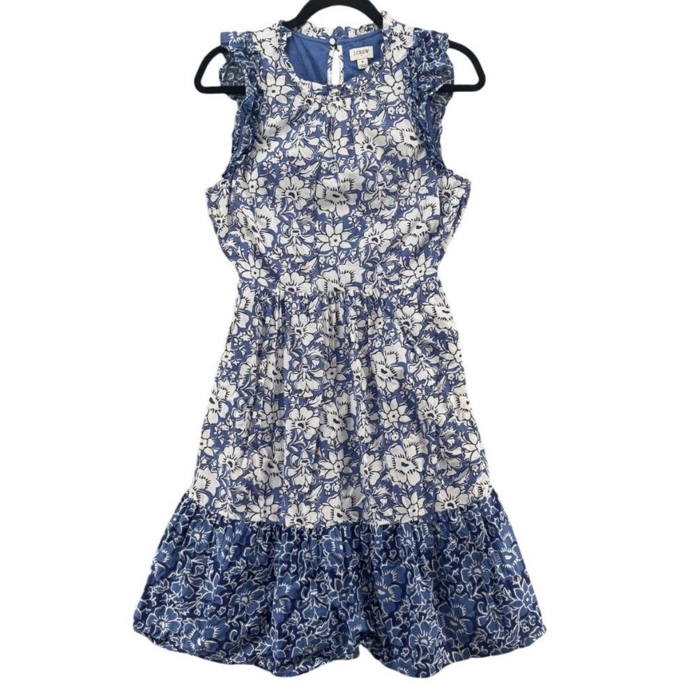 NWT J Crew Factory Midi Blue Floral Cotton Dress with Ruffle Sleeves Siz…